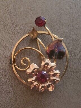 Gold-Tone Bal-Ron Floral Brooch with Pink Stones